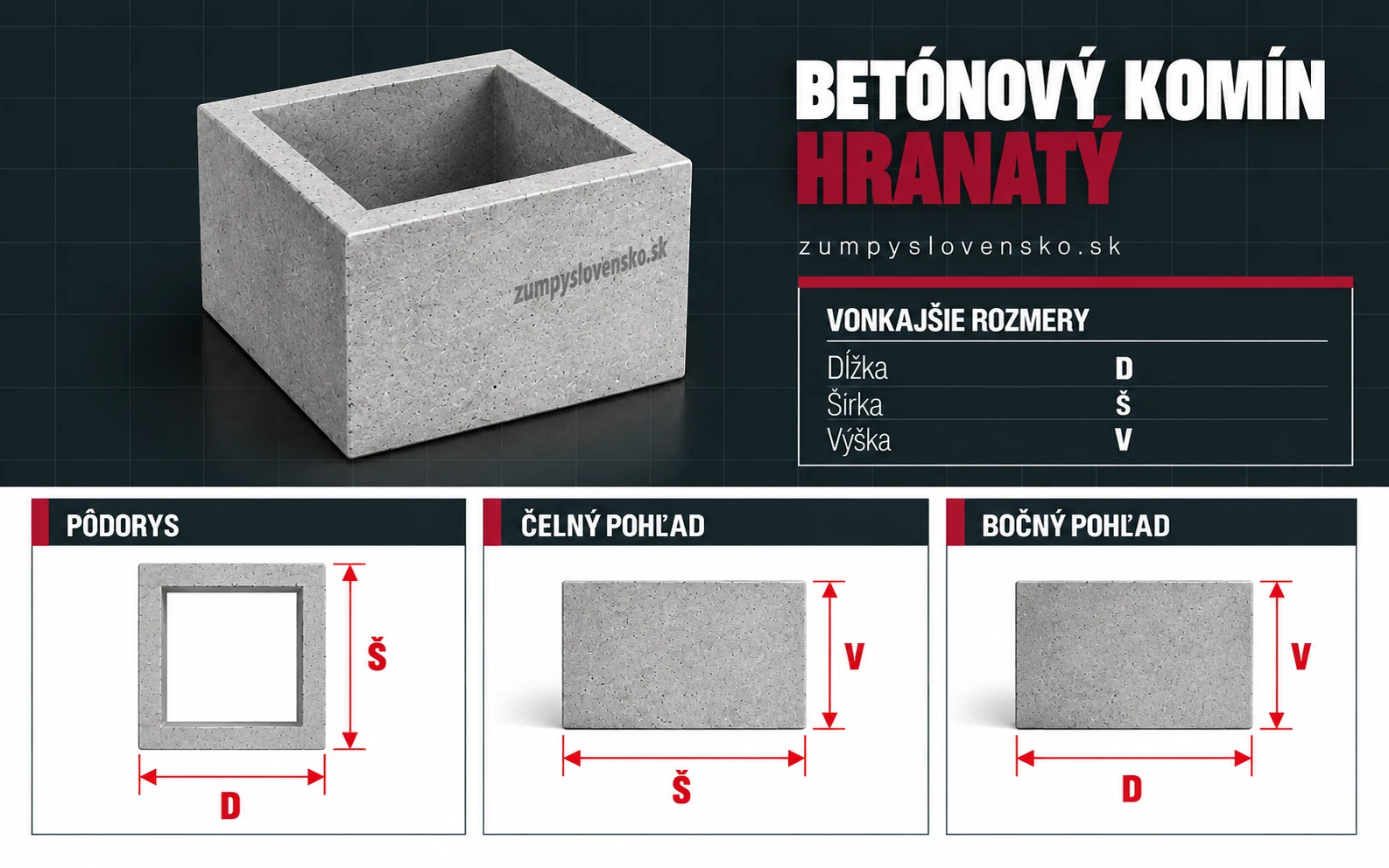 Komín hranatý 25 cm – ilustračný produktový obrázok; presné rozmery a výbava podľa zvoleného modelu