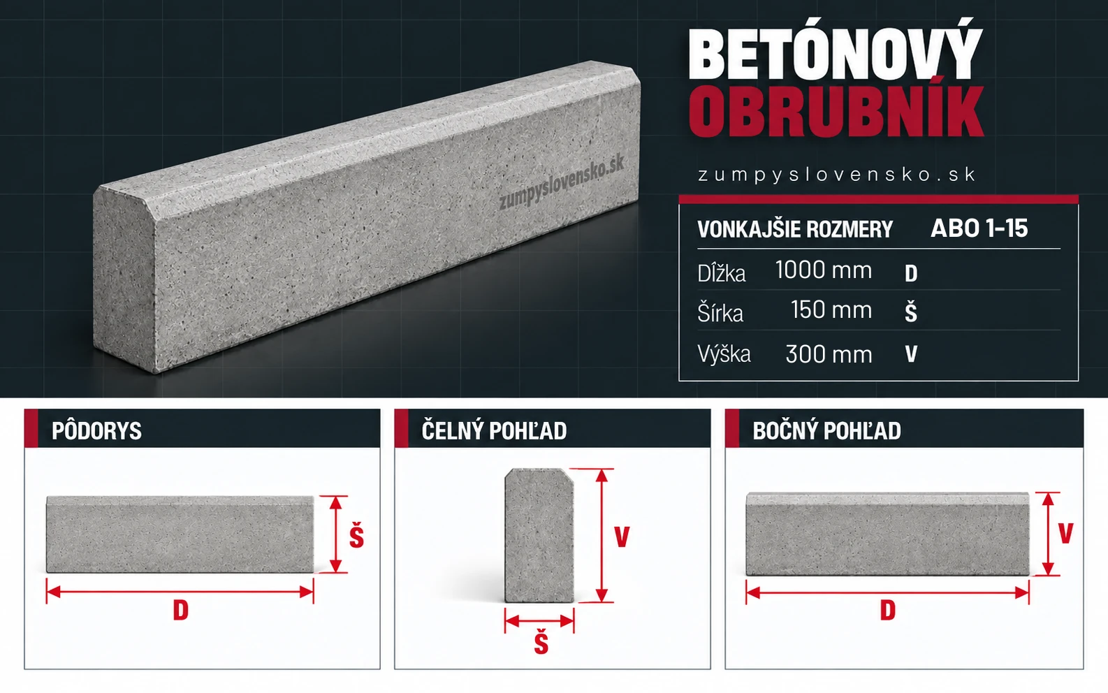 Cestný obrubník ABO 1-15 – ilustračný produktový obrázok; presné rozmery a výbava podľa zvoleného modelu