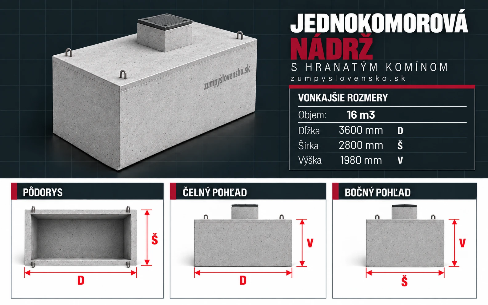 Betónová žumpa 16 m³ – ilustračný produktový obrázok; presné rozmery a výbava podľa zvoleného modelu