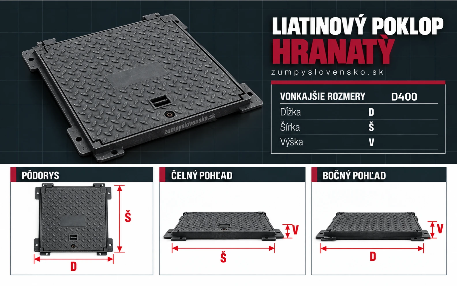 Hranatý liatinový poklop D400 – ilustračný produktový obrázok; presné rozmery a výbava podľa zvoleného modelu
