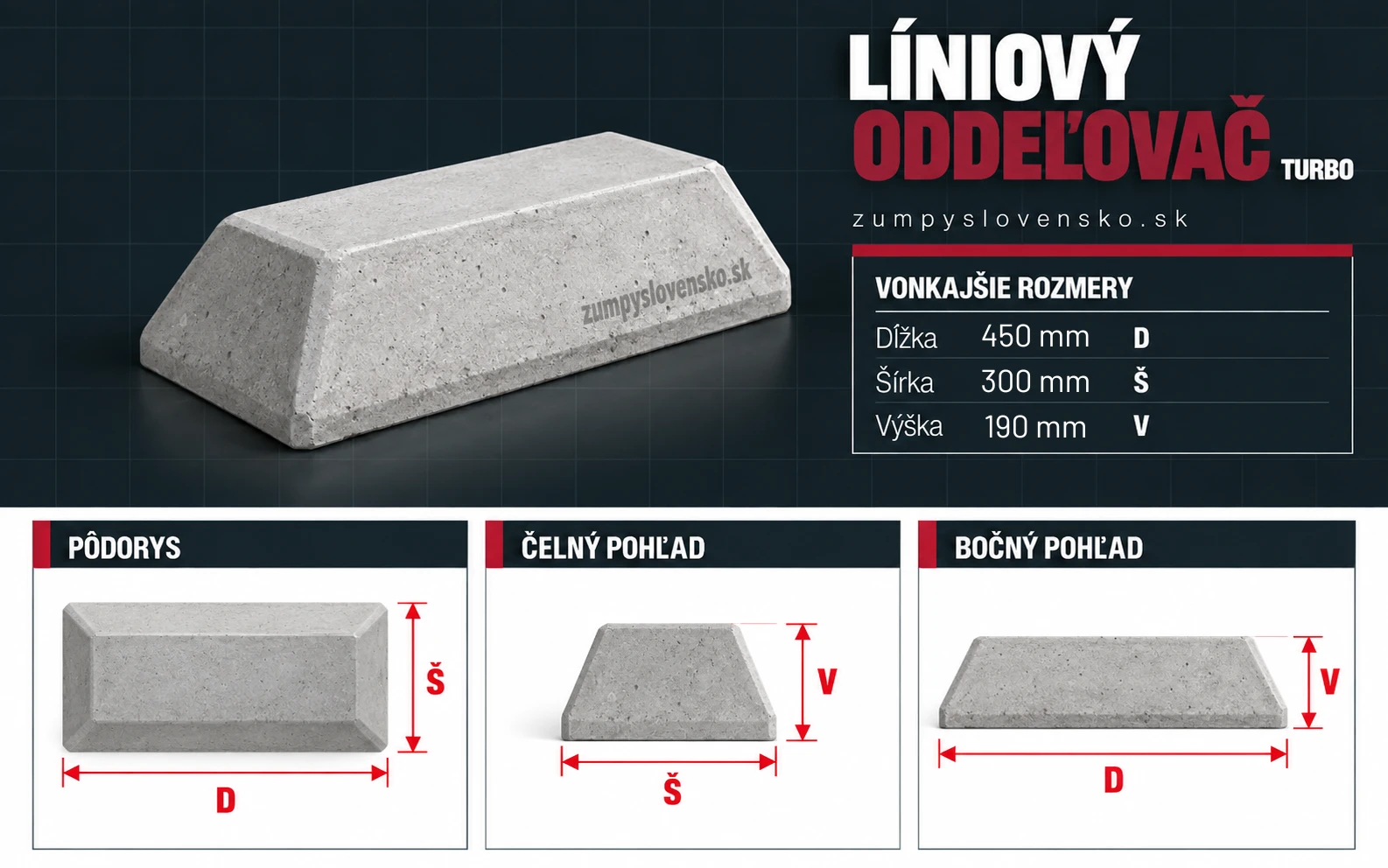 Líniový oddeľovač „Turbo“ obrubník 190 mm – ilustračný produktový obrázok; presné rozmery a výbava podľa zvoleného modelu