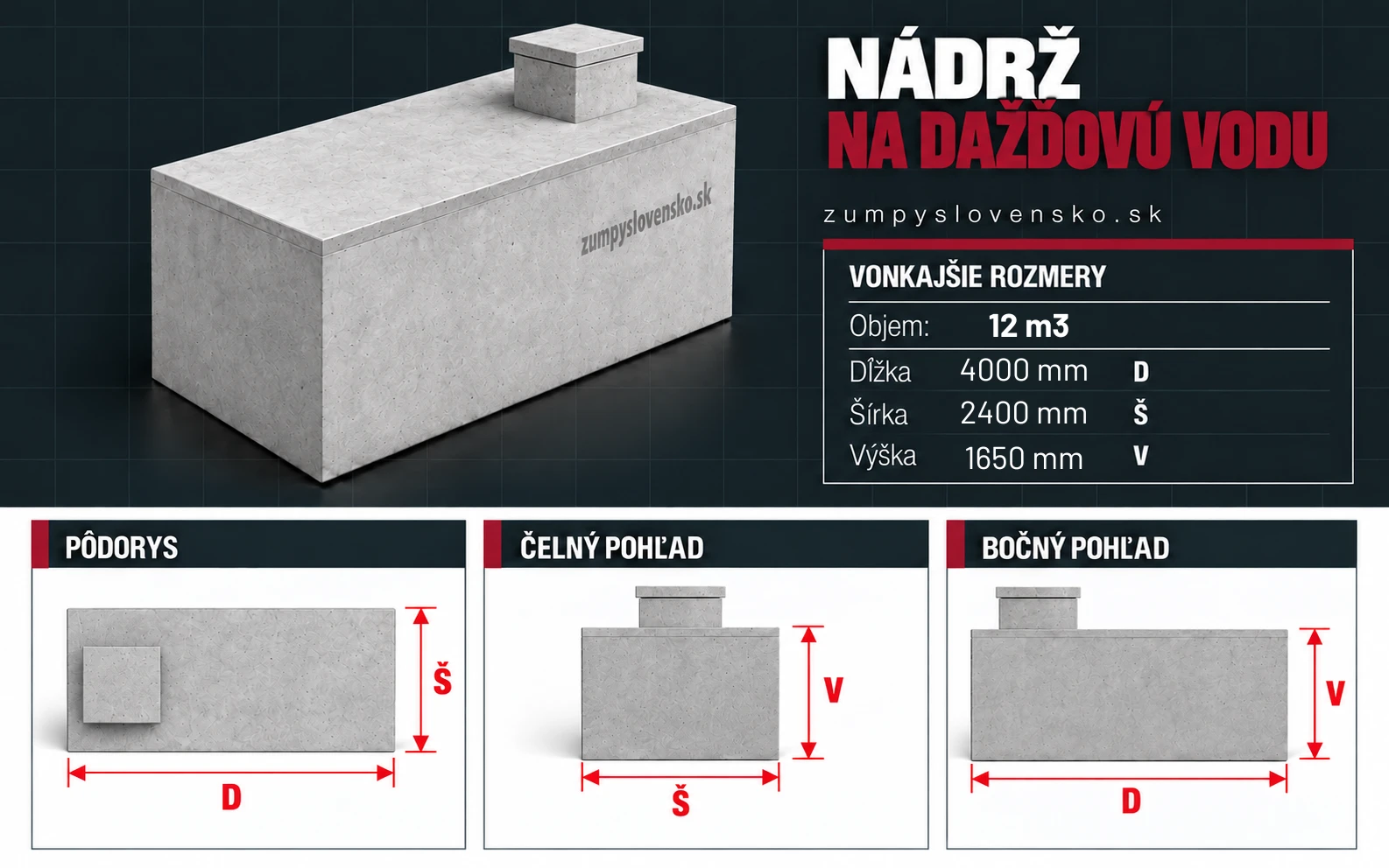 Nádrž na dažďovú vodu 12 m³ nízka – ilustračný produktový obrázok; presné rozmery a výbava podľa zvoleného modelu