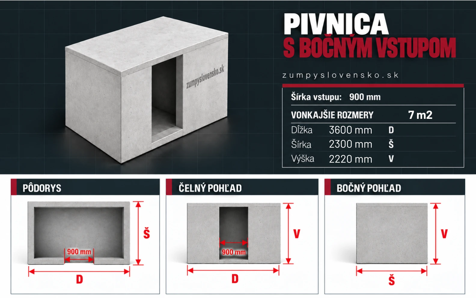 Betónová pivnica 7 m² s bočným vstupom na dlhej strane – ilustračný produktový obrázok; presné rozmery a výbava podľa zvoleného modelu