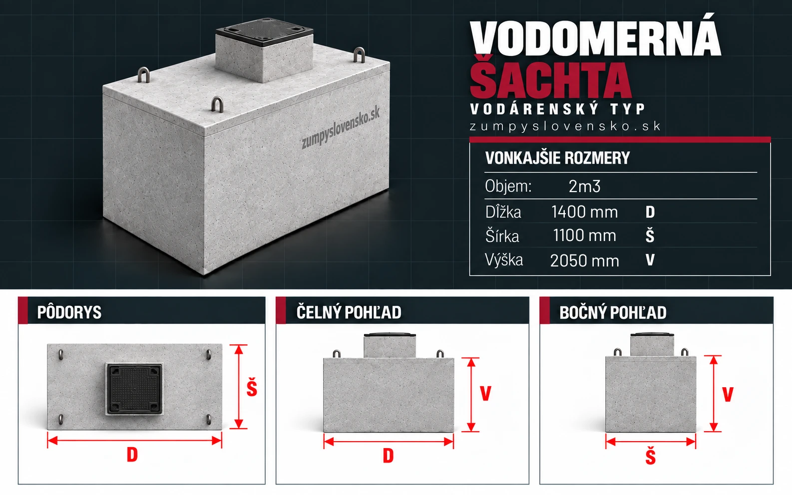 Vodomerná šachta 2 m³ – ilustračný produktový obrázok; presné rozmery a výbava podľa zvoleného modelu